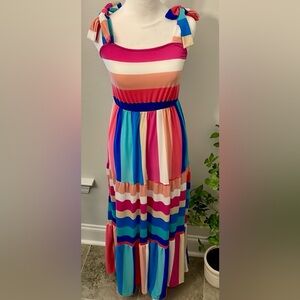 Women’s Colorful Striped Knotted Dress Casual Summer Sleeveless Maxi Dress S